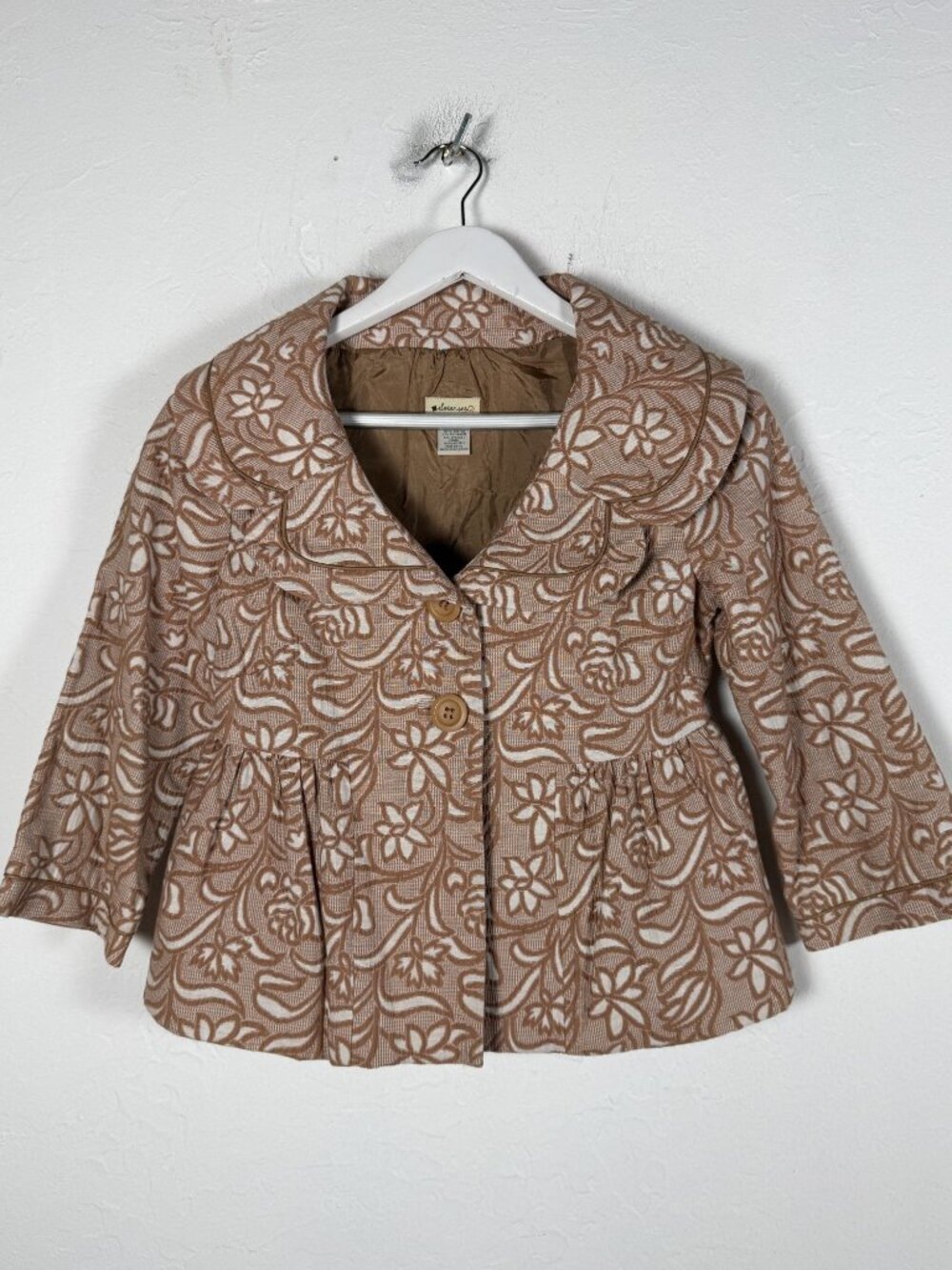 Elevenses Anthropologie Women's Brown Floral Jacquard Swing Peplum Jacket Size 6